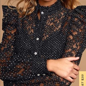 Black and White Lace Button-Up Polka Dot Top